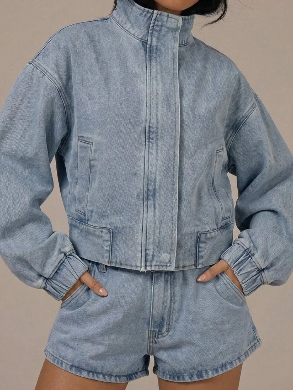 Baby Blue Casual Women's Denim High Neck Balloon Sleeve Zip Through Jacket